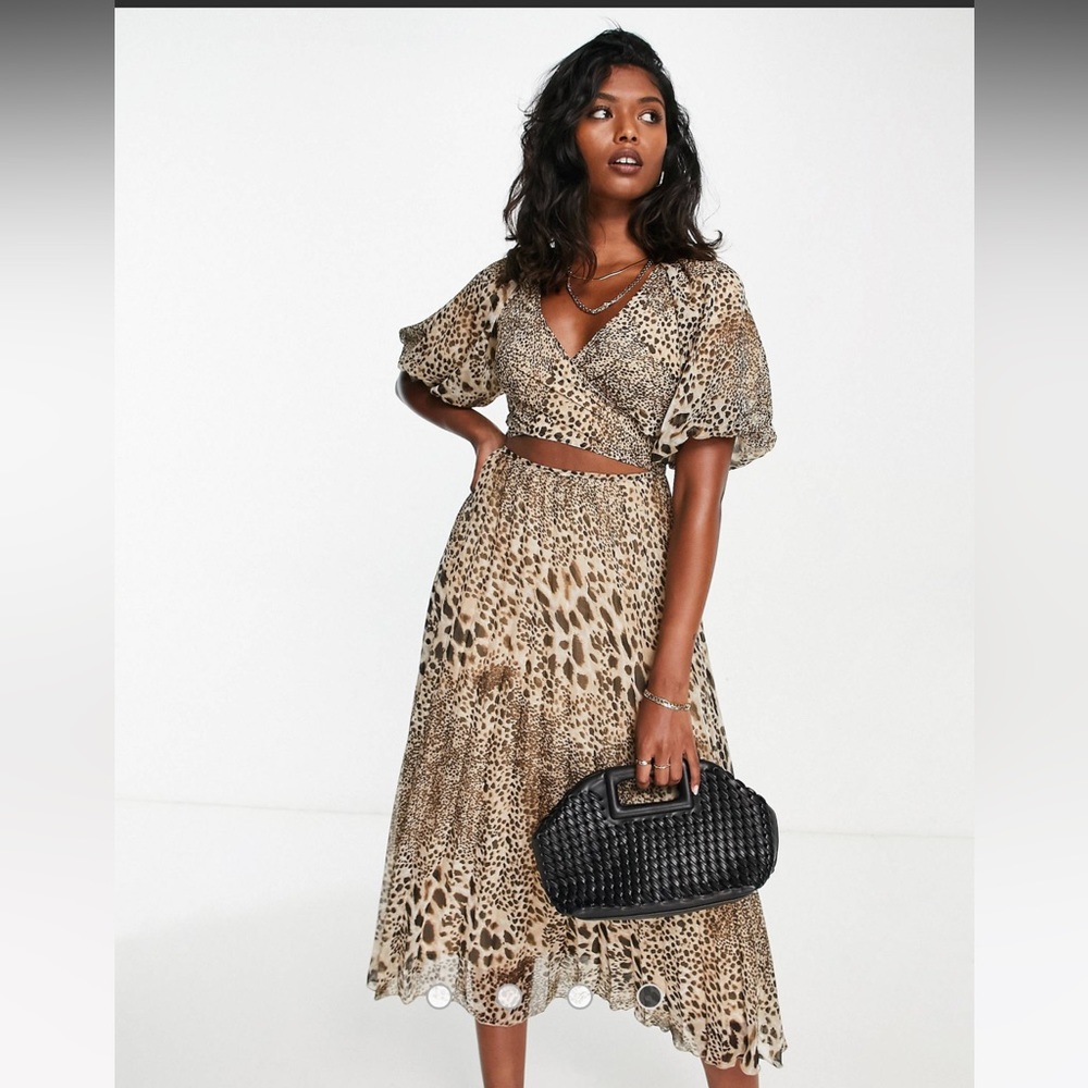 ASOS DESIGN wraparound pleated midi dress in natural animal print
